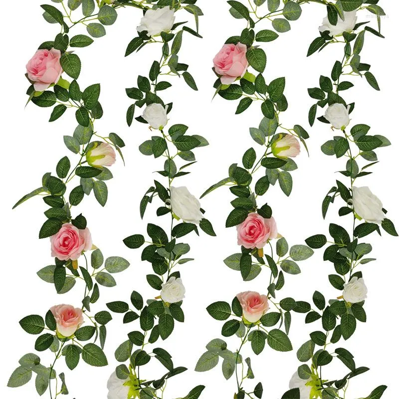 Decorative Flowers Artificial 200cm Six Ears Pink And White Rose Leaves Silk Vine Wedding Landscape Romantic Garden Decoration