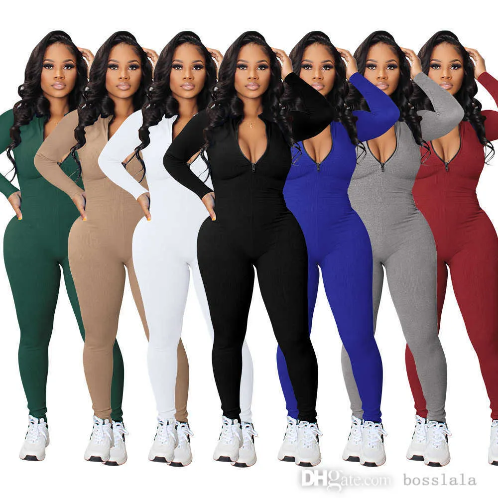 Retail Womens Jumpsuits Knit Rib Bodycon Fitness Playsuit Long Sleeve Zipper Body Rompers Fall Winter Sportswear