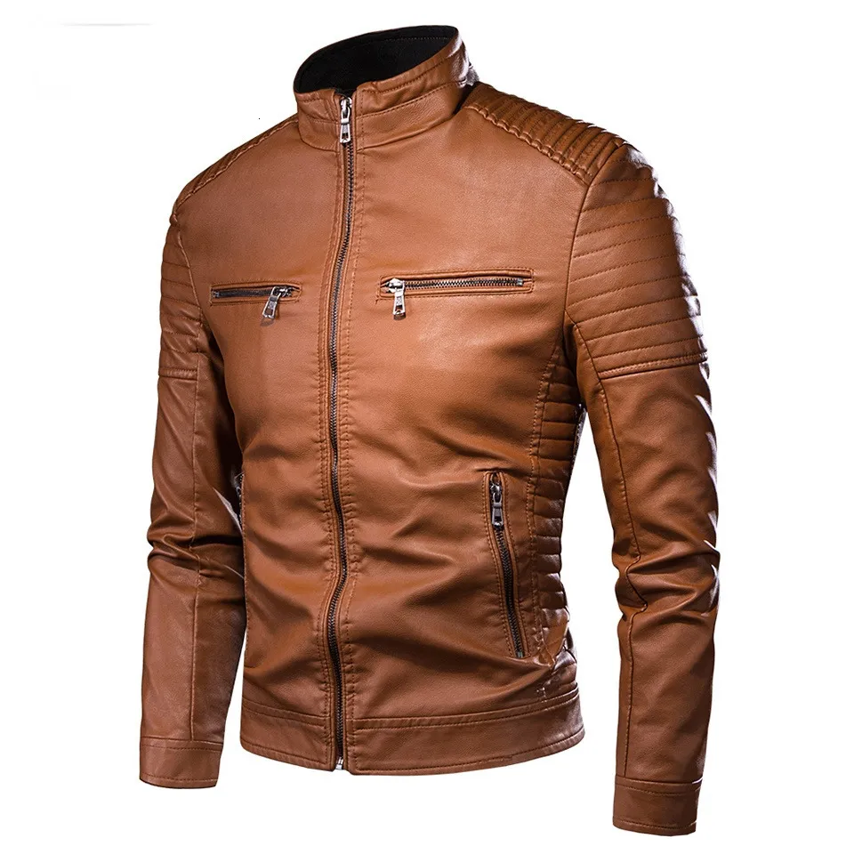 Marca de primavera de couro de couro masculino causal casaco vintage design de design de motor de moto de moto zip PO21201
