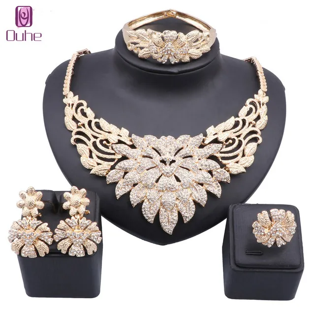 Luxury Gold Color Crystal Flower Statement Wedding Necklace Earring Bangle Ring for Women Party Jewelry Set