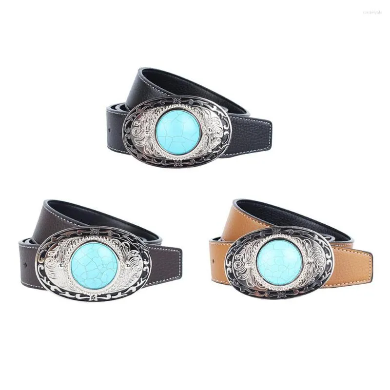 Belts In PU Leather With Metal Buckle Turquoise Carved Pattern