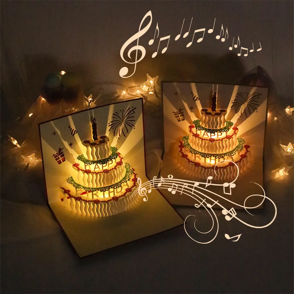 Andere Event -Party -Lieferungen 3D Up Greeting Card Music Happy Birthday Card LED Postkarte mit Umschlag für Mädchen Kinder Frau 3d Geburtstag Handgefertigte Grußkarten 221201