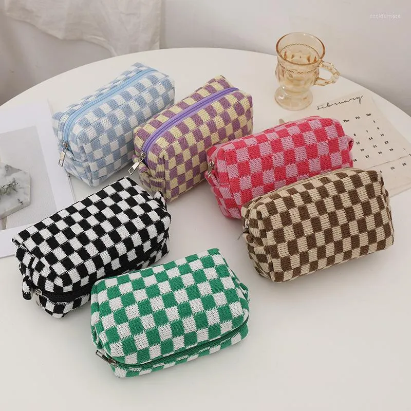 Storage Bags Checkerboard Knitted Cosmetic Bag Girl Makeup Toiletry Organizer Pouch Multifunction Woolen Yarn Stationery Pencil Case