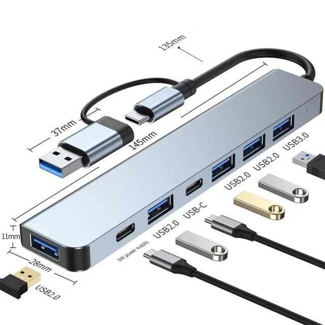 7 Ports 2-i-1 USB 3.0 Hub Type-C Adapter USB 2.0 Höghastighetsöverföring Multi-Port USB Splitter Expander för PC-dator