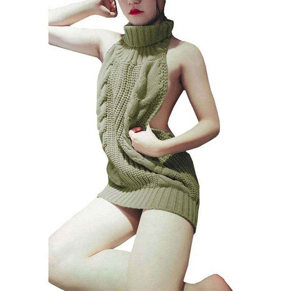 knitted mini dress long sleeve Long Sleeve Ribbed Knit Mini Dress High Neck Bodycon Sweater Dress main image 0