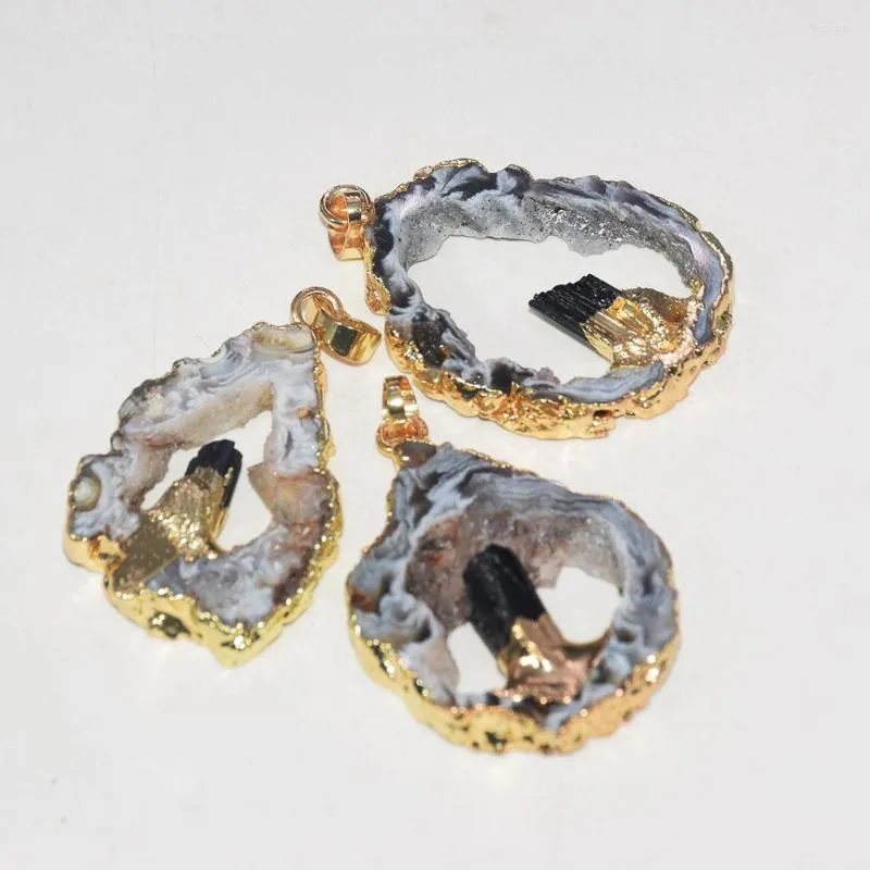 Naszyjniki wisiorek naturalne plasterek geode druzy kamienne wisie dla kobiet biżuteria tworząc 2022 duże złoto czarne turmalinowe serce surowe