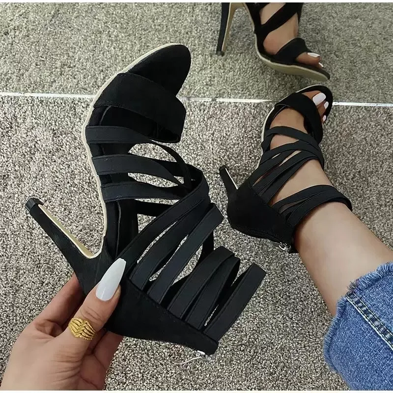 Dress Shoes Women Summer Sandals Fashion Ladies Elastic Band High Heel Pumps Female Open Toe Shoe Zip Women's Denim Outside Dress