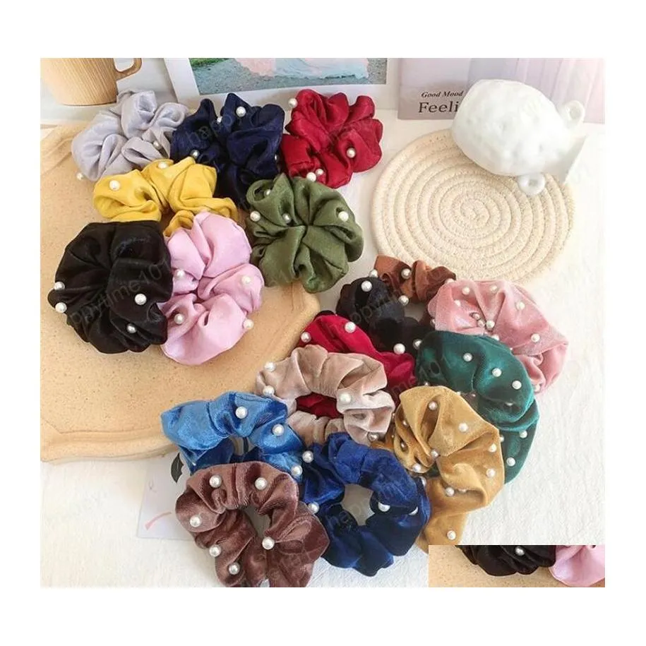 Hair Rubber Bands Fashion Pearls Satin Veet Solid Color Women Girls Elastic Hair Bands Accessories Female Elegant Scrunchies Headban Dhicz