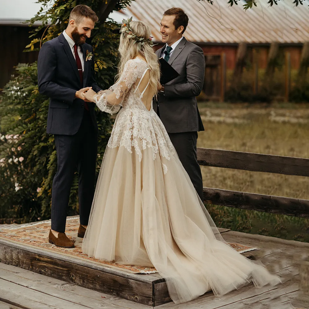 chinese dress ladies Long Sleeves Sheath Ivory Lace Champagne Lining Wedding Dress – TANYA BRIDAL