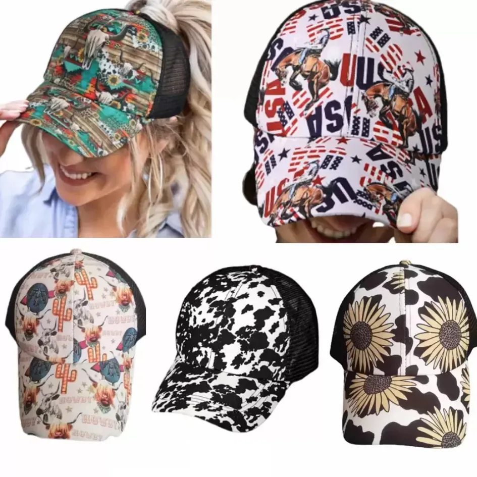 Chapeau de queue de cheval Criss Cross Washed Distressed Messy Buns Ponycaps Baseball Cap Trucker Mesh Hats FY2518 tt1201