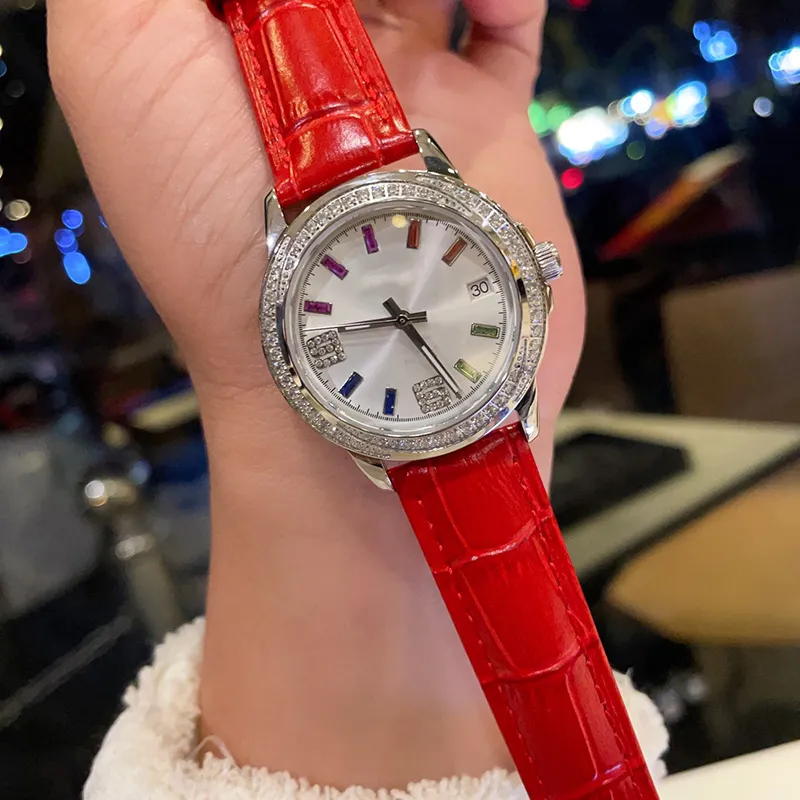 Women Watches Quartz Movement Watch Fashion Wristwatches Strap de couro inoxidável Montre de Luxe Business Design Diamond Bezel 35mm