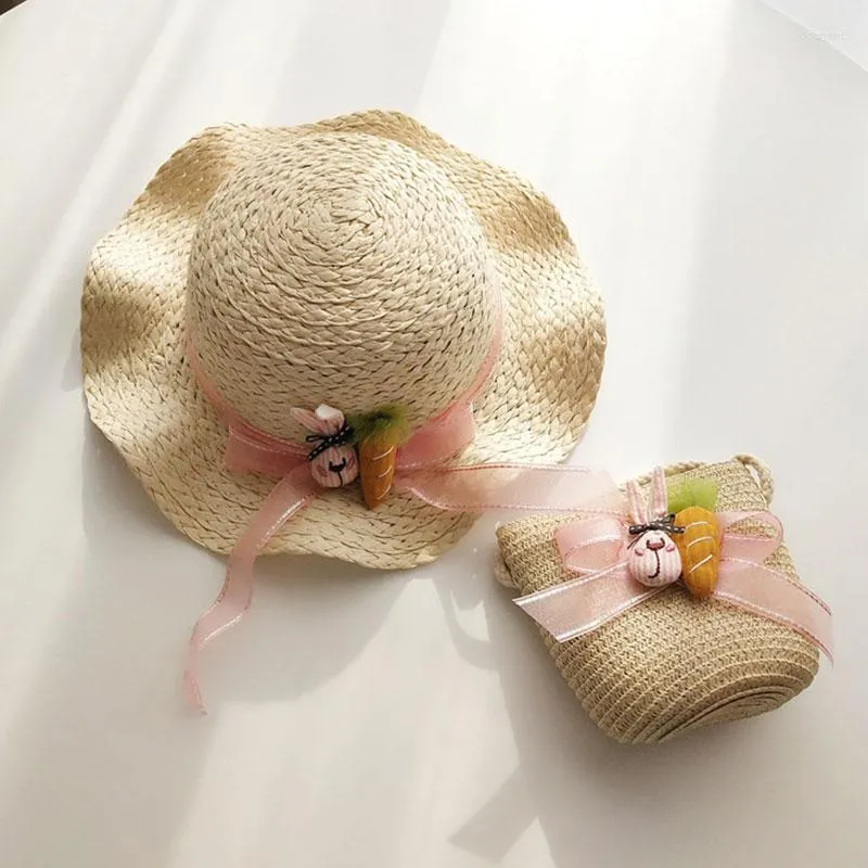 Kapelusze dzieci duże szerokie grzbiet tkanin tkanin ochrony przeciwsłonecznej kapelusz plażowy słodki letni miękki wiadra czapka przenośna torebka dziewczyny