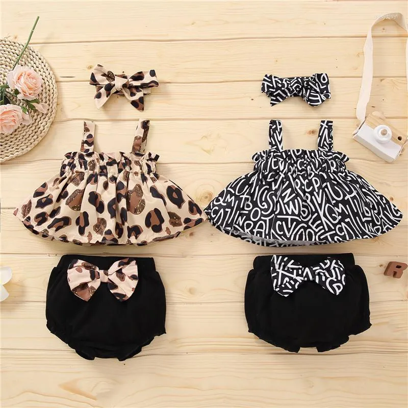 Kl￤derupps￤ttningar 0-12m Born Girls Three Piece Set Leopard Print Spaghetti Straps Topps Bow Shorts Head Dress For Baby Summer Outfits