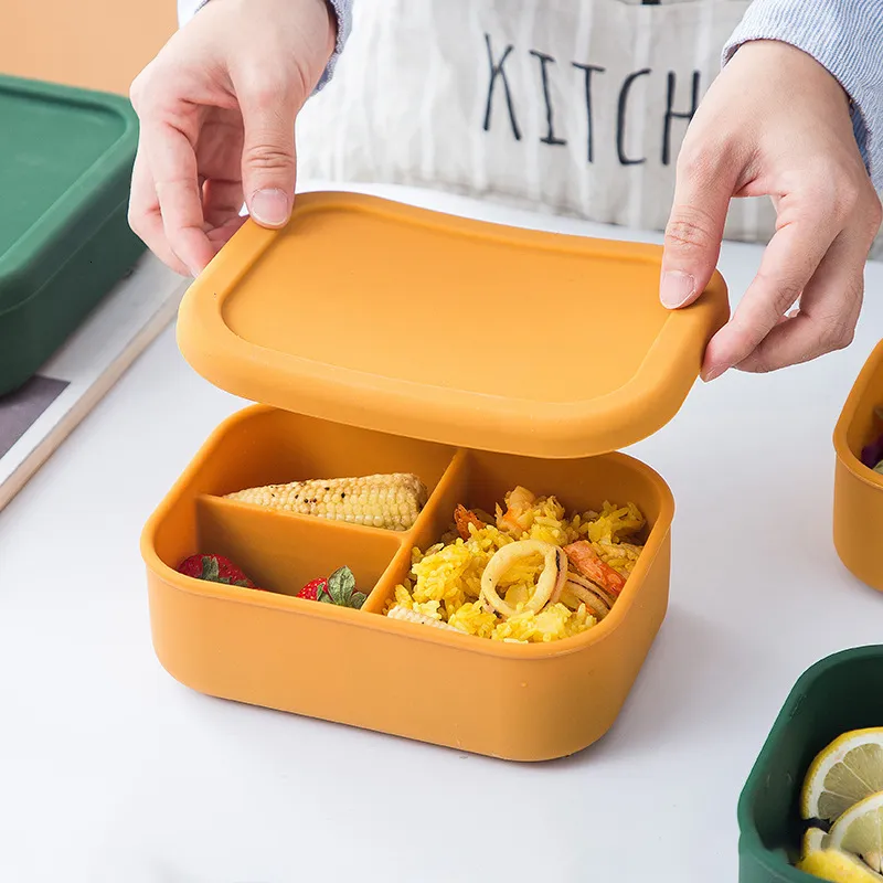 Lunchl￥dor med lock Silikon Lunchl￥da F￶ljande Box Bento Fruit Salad Freshkeeping Bowl Portable Sealed Rectangle Picnic Lunchbox 221202