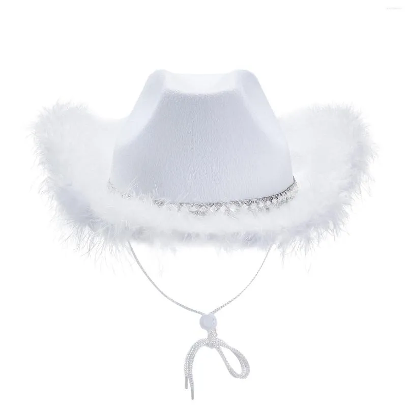Berets Ladies Cowboy Hat Fashion Solid Color Feathers Splicing Wide Brim Flat Top Ultraviolet-proof Sun Protection Cap Party Props