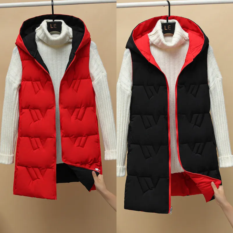 Gilets pour femmes gilet d'hiver femmes manteau femme longue mode gilets à capuche dame sans manches vêtements vêtements d'extérieur mince rouge 221202