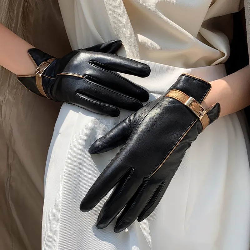 Five Fingers Gloves Luxury Brand Goatskin Gloves Women's Winter Thick Lining Leather Balck Gold Sheepskin Driving Gloves S2528 221202