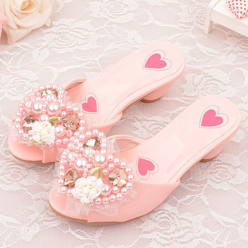 Детские туфли весна и осенние девочки на высокой каблуке сандалии принцессы сладкие жемчужины прилив цветок Gilrs.