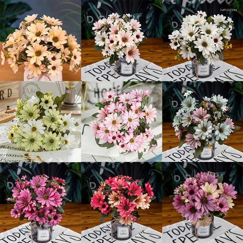 Fleurs décoratives 21 têtes / 1pcs bouquet de mariée en soie marguerite pour Noël maison année de mariage décoration fausses plantes tournesol artificiel