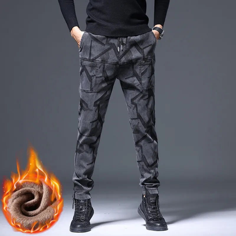 Heren jeans herfst en winter heren casual broek met fleece verdikt zes zakken jacquard stretch rechte been losse trend 8008