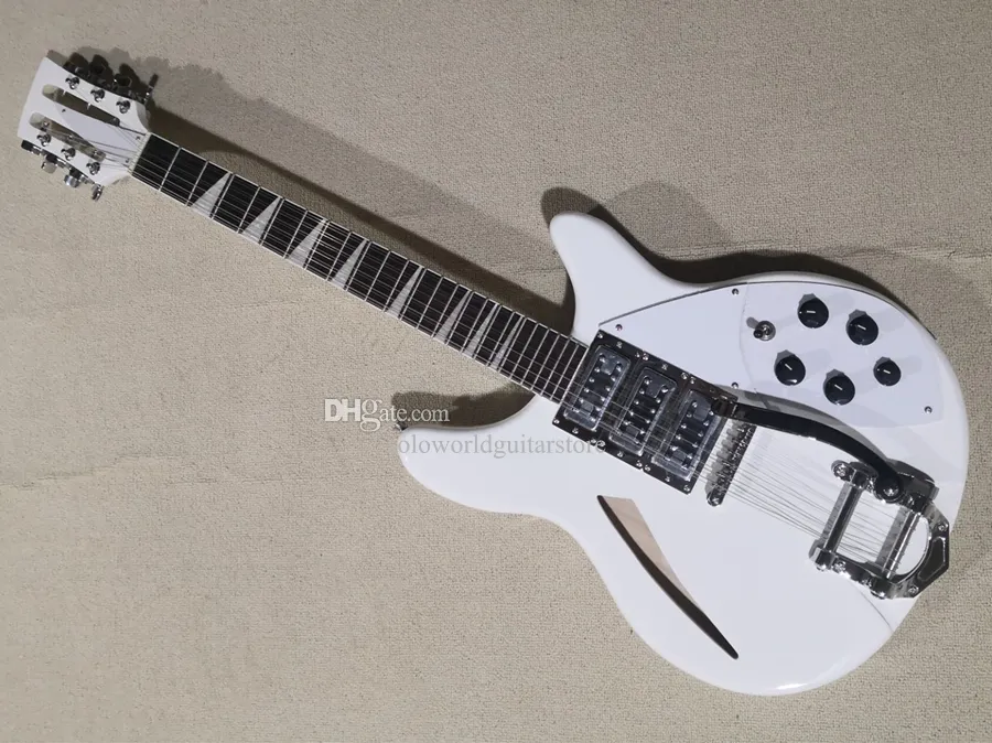 Semi-Hollow Body White Electric Guitar med Tremolo Bridge Rosewood Fingerboard 3 Pickups kan anpassas