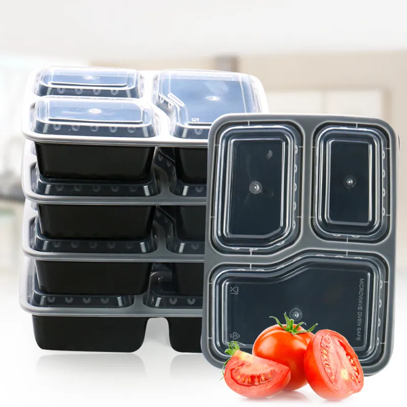 Lunch Boxes 10PCS Meal Prep Portable Bento Box Plastic Reusable 3 Compartment Lunch Box Food Storage Container with Lid Microwave Dinnerware 221202
