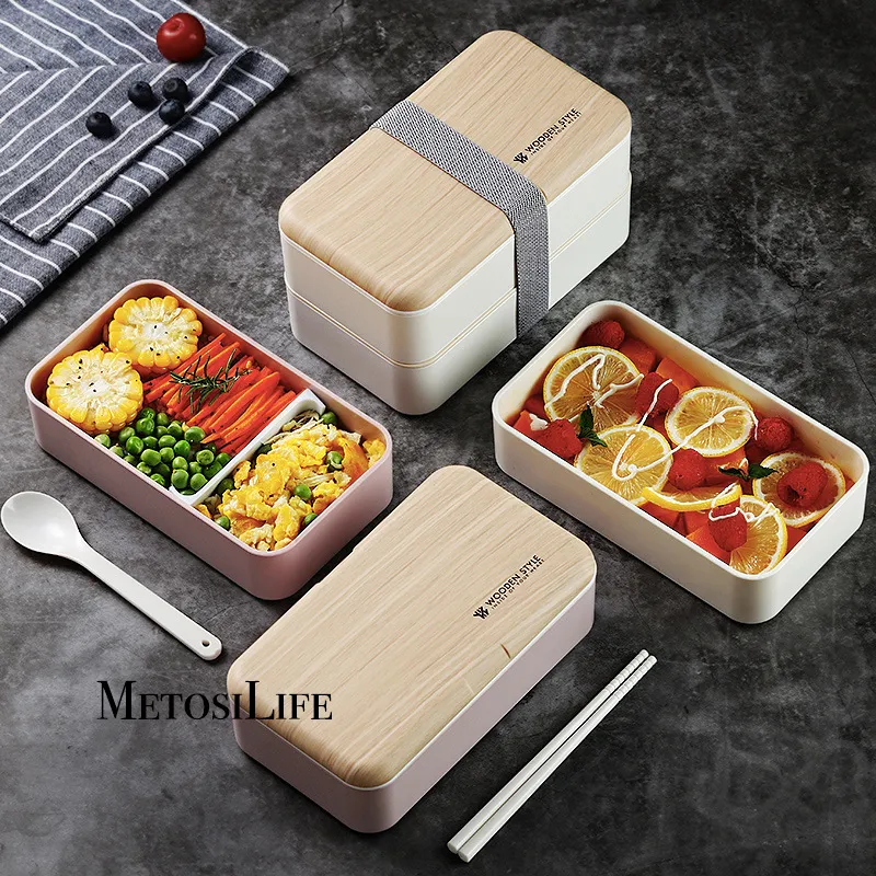 Lunch Boxes Wooden Japanese Style Doublelayer Lunch Box Portable Microwave Oven Plastic Material Office Worker Student Bento Box 221202