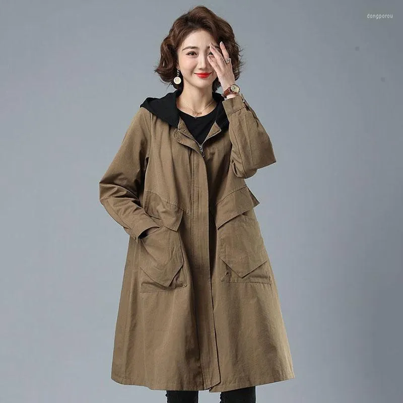 Damen Trenchcoats Windjacke Frauen Mittellang Frühling Herbst Kapuzenjacken 2022 Lose Mantel Weibliche Mode Rote Armee Braun Oberbekleidung 4XL