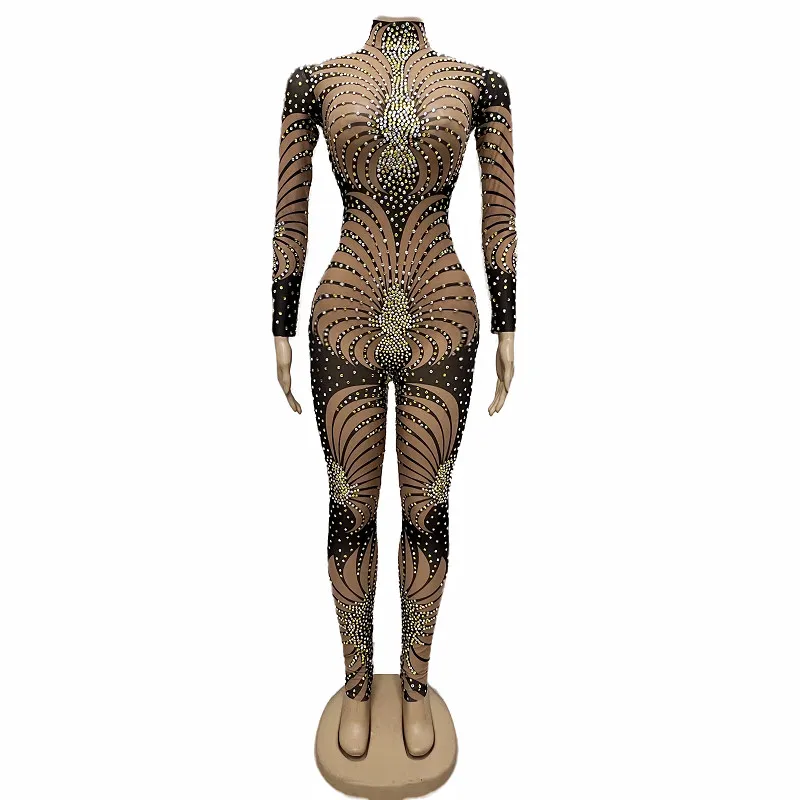 Stripes Printing Rhinestones Mesh Tight Jumpsuit Women Dancer Singer Sexy Stage Wear Nightclub Transparent Crystals Leotard Dancer Pole Dancing Costume