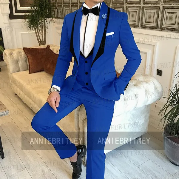 Męskie garnitury Blazers Royal Blue Men 3pcs Custom Man Man Groom Wedding Tuxedo Fashion Formal Party Busines Blazer Pants Zestaw 221201