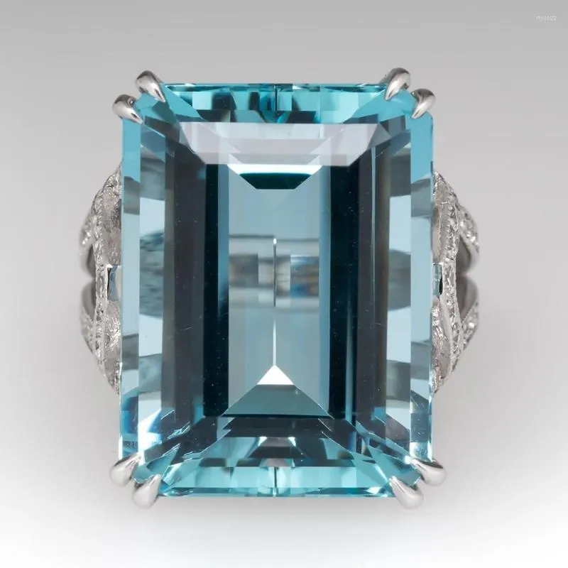 クラスターリングfoydjew inlay sea blued topaz square diamond princessヨーロッパ系アメリカ人ファッション婚約指輪