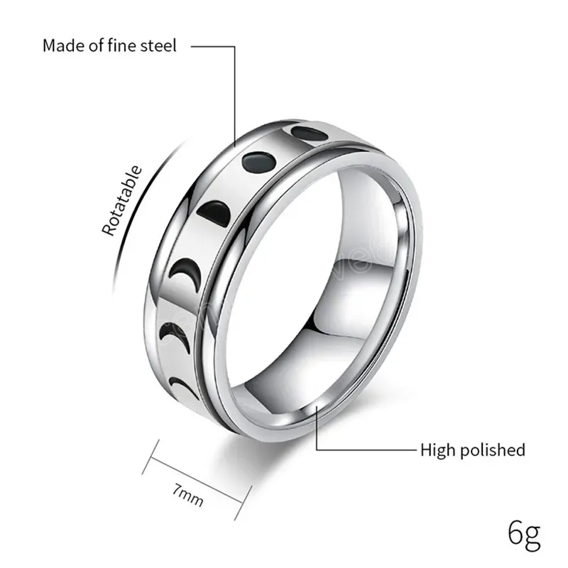 달 태양 회전식 링 밴드 로즈 골드 스테인레스 스틸 태양 압력 압력 링 여성 남성 패션 파인 쥬얼리