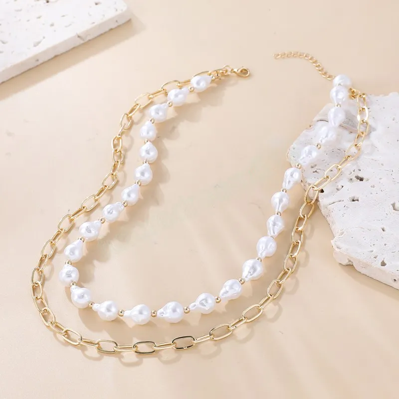 Fashion Irregular Large Imitation Pearl Necklaces Gold Color Link Chain Necklace for Women Statement Jewelry