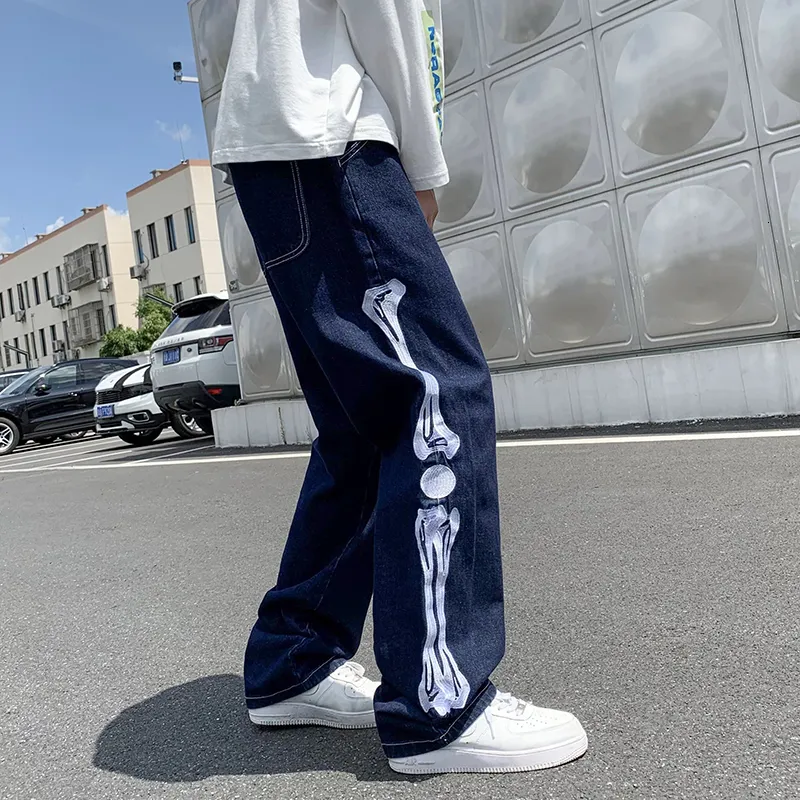 Мужские джинсы мужские скелеты мешковатые джинсовые пленки мужская японская уличная одежда в стиле.