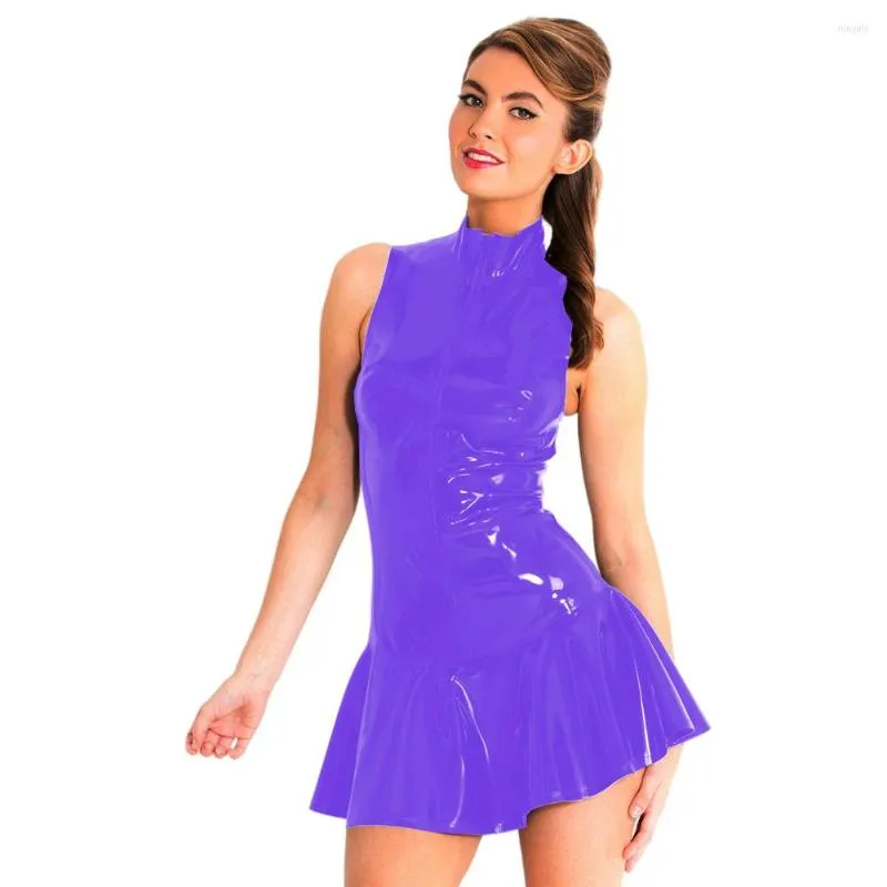 Casual Dresses Fashion Wet Look PVC Leather Turtleneck Mini Dress Sexy Womens Clubwear Sleeveless Zip Bottom Flare Bodycon