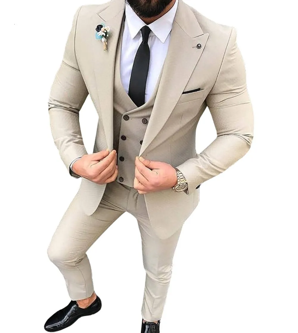 Costumes pour hommes Blazers Hommes 3 Pièces Slim Fit Casual Groomsmen Army Green Champagne Revers Business Tuxedos for Formal WeddingBlazerPantsVest 221201