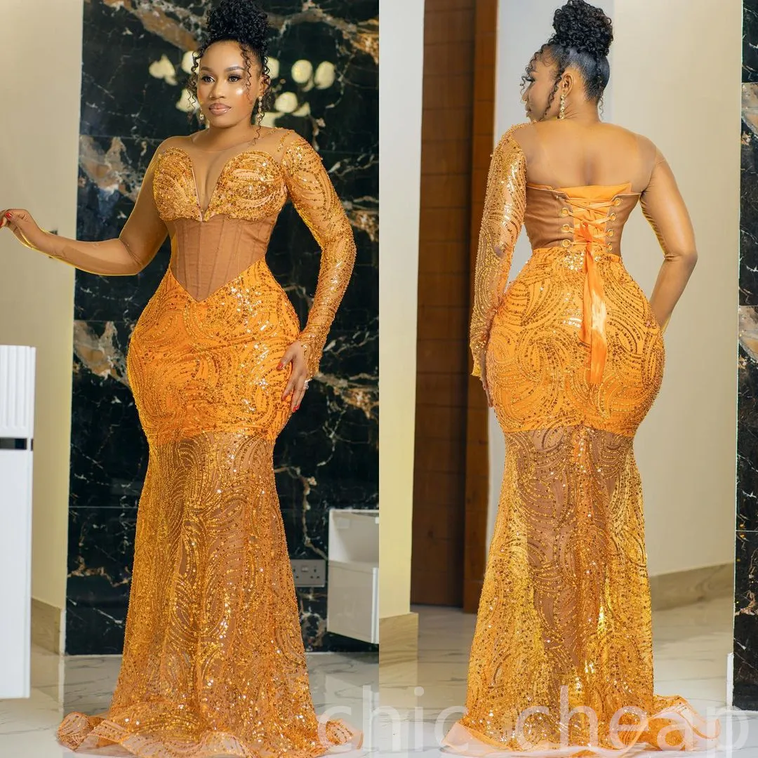 Arabiska aso 2023 EBI Orange Mermaid Prom Dresses Sequined Lace Sexig Evening Formal Party Second Reception Birthday Engagement Gowns Dress ZJ202