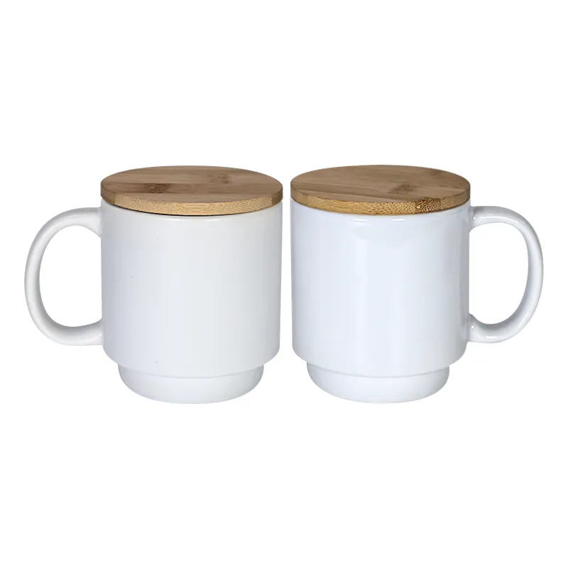 Wholesale 14oz Sublimation Handle Mugs With Wooden Bottom&Lid 400ml Heat Transfer Ceramic Cups White Blank Coffee Mug For Sublimating A12