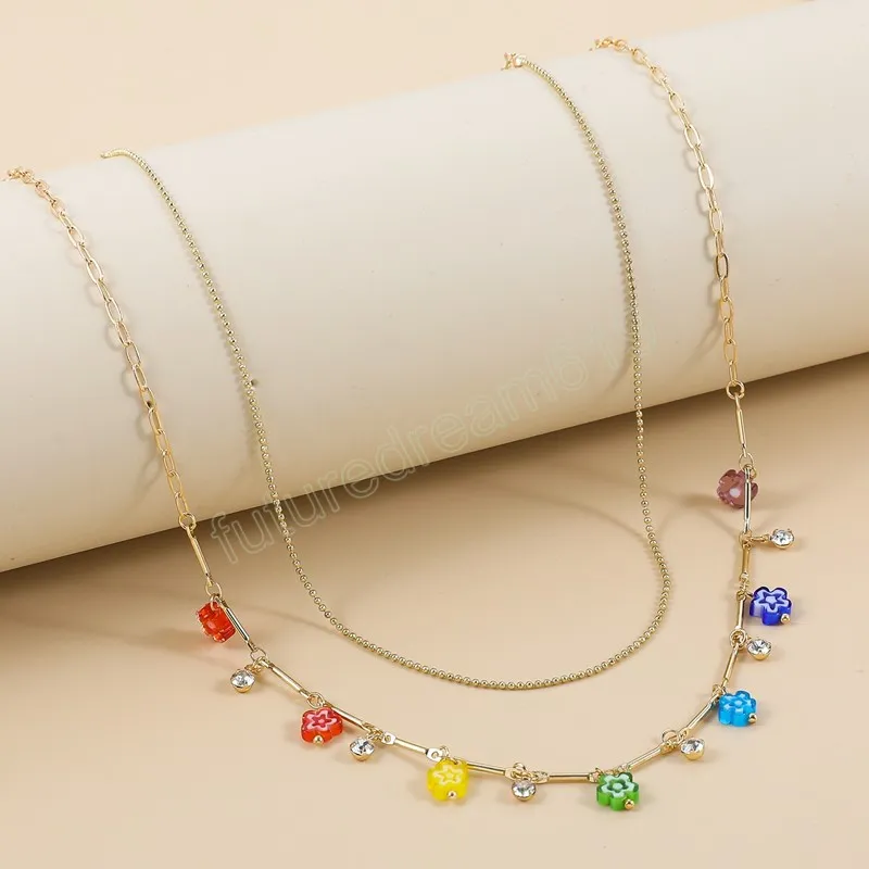 Bohemia kolorowy szklany kwiat CZ Crystal łańcuch Naszyjnik dla kobiet podwójnie warstwy Naszyjniki z koraliki Choker Charms Jewelry