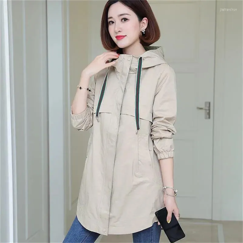 Kvinnors trenchrockar Casaco Feminino 2022 Windbreaker Coat Women Fashion Hooded Ytterkl￤der L￶st kvinnlig mitten av l￥nga fickor oxutkl￤der