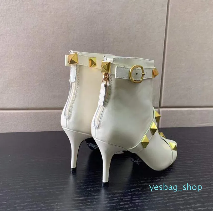 Élégant hiver femmes bouton en métal décoration bottines bout pointu botte sexy talons hauts talon noir fermeture éclair en cuir de veau dame butin de luxe designer 02 chaussures