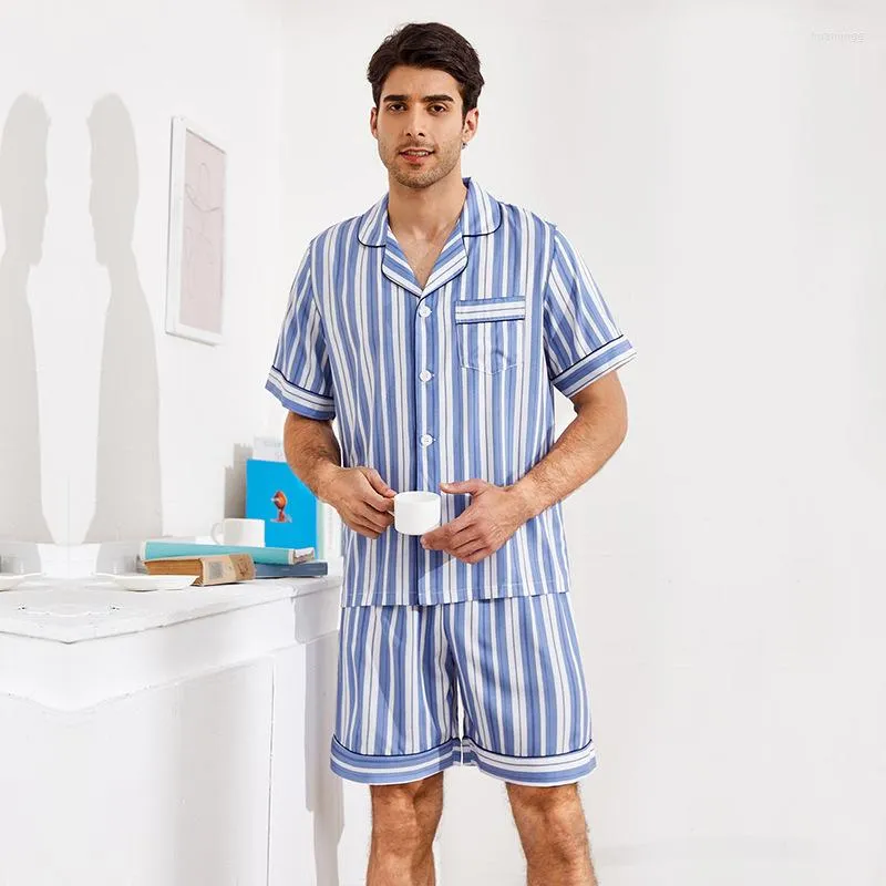 Slaapkleding voor heren Cozok Ice Silk Men's Pyjama's Zomer korte mouw shorts gestreepte tweedelige huiskledingpak mannen