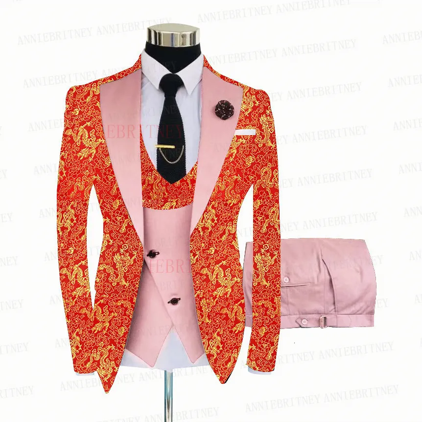 Abiti da uomo Blazer Rosso stampato floreale Uomo 3 pezzi Oro Sposo Smoking da sposa Slim Fit Giacca lucida Gilet doppio petto Pant342d