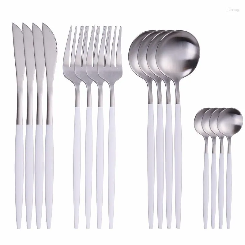 Dinnerware Sets Stainless Steel Tableware White And Silver Cutlery Set Kitchen Spoon Fork Knife Dinner Complete Drop
