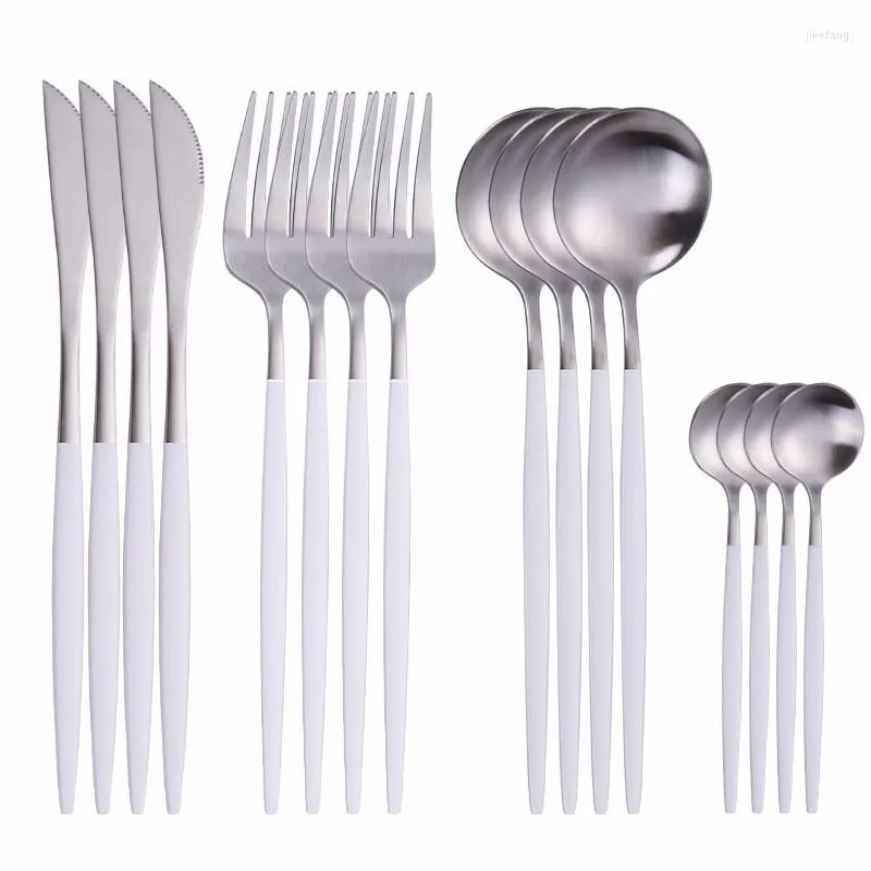 Ensembles de vaisselle Vaisselle en acier inoxydable Ensemble de couverts blanc et argent Cuillère de cuisine Fourchette Couteau Dîner Goutte complète