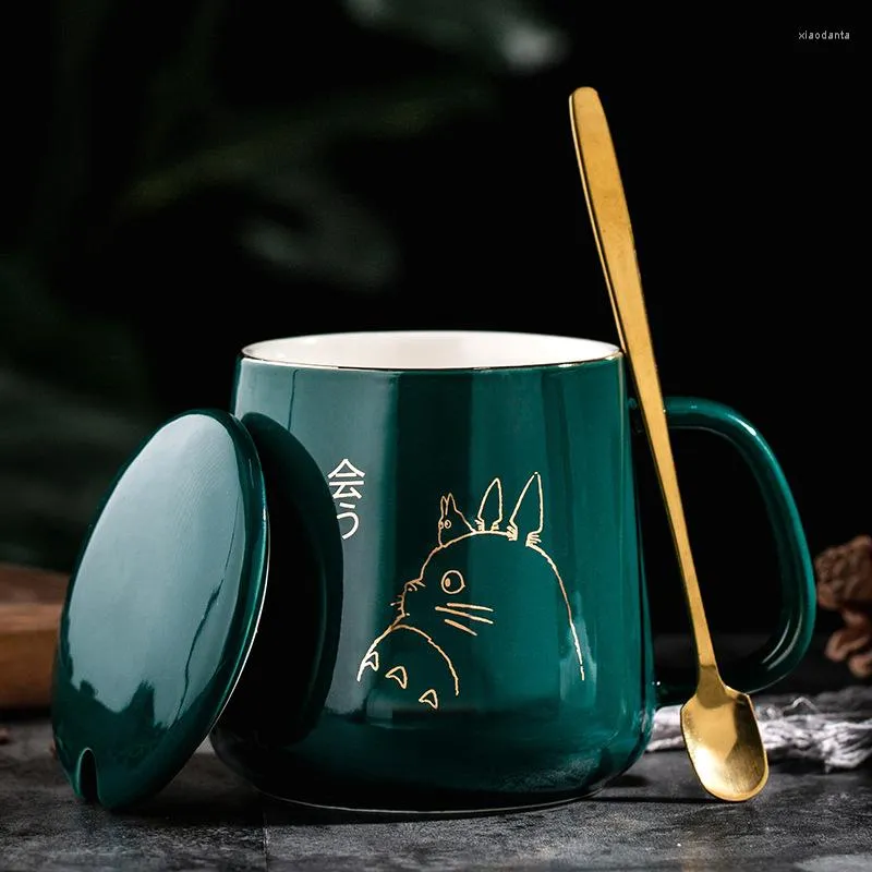 머그잔 400ml 북유럽 세라믹 커피 차 머그잔 뚜껑 숟가락 제품 라이트 고급 골드 페인트 워터 컵 만화 귀여운 동물