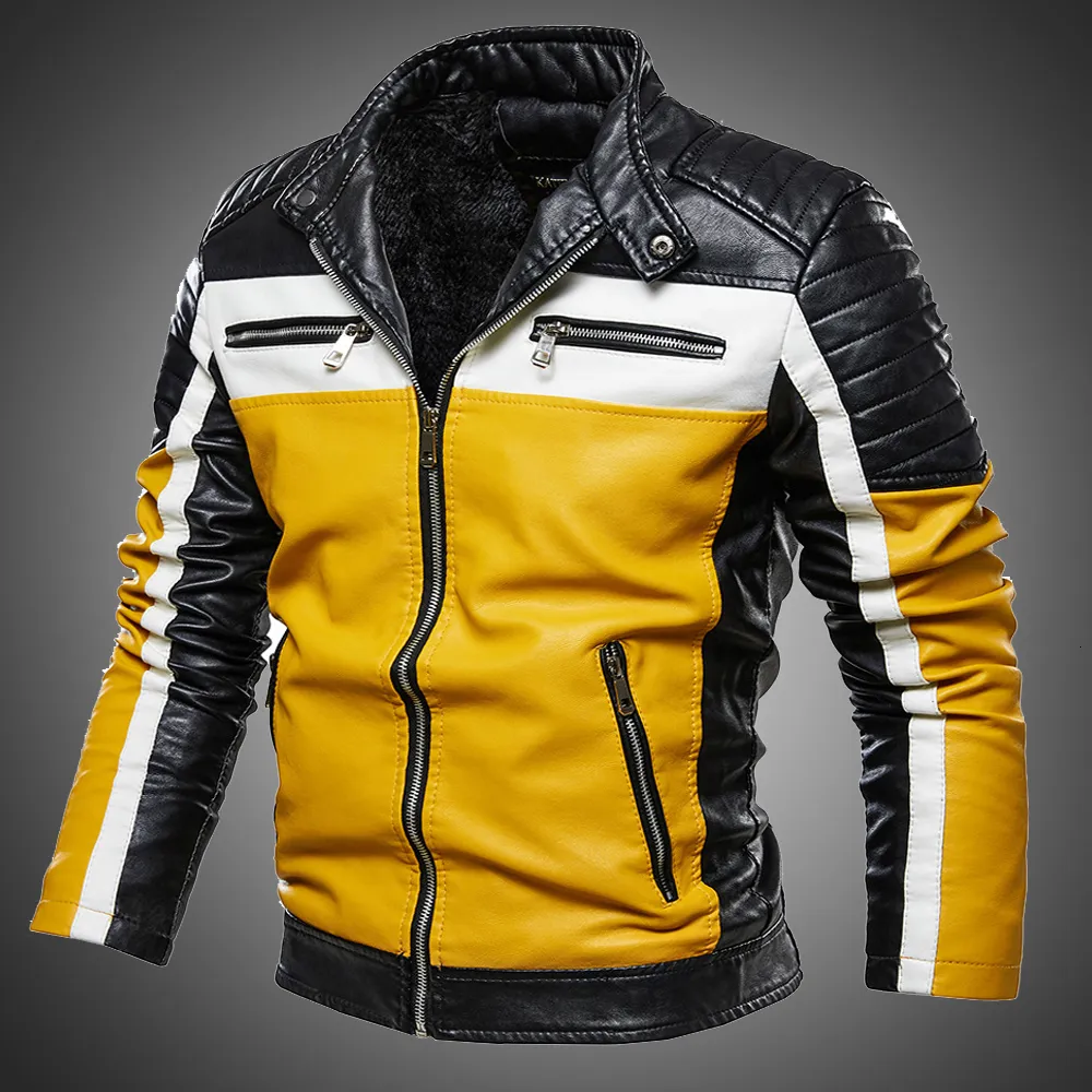 Hommes en cuir Faux hommes jaune PU veste Patchwork Biker s décontracté manteau à glissière mâle moto Slim Fit fourrure doublé vêtements d'extérieur 221202