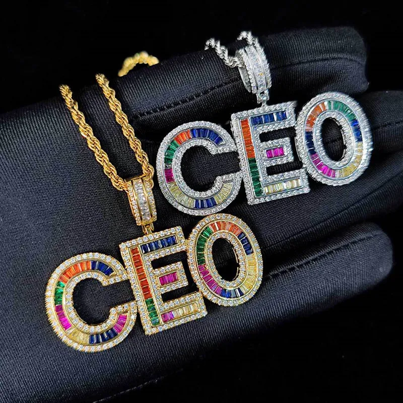 Gold Silver Custom Name Necklace Colors Hip Hop Icy CZ Cubic Baguette Letter Pendant Necklace With 24inch Rope Chain for Men Women Jewelry