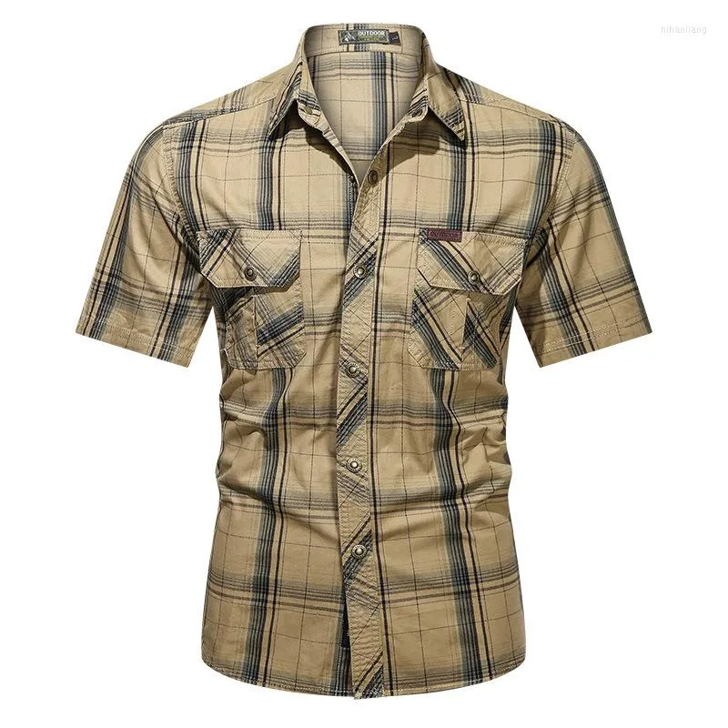 Men's Casual Shirts 2022 Mens Plaid Cargo Shirt Men Short Sleeve Breathable Multi Pocket Work Camisa Blouse Cotton Plus Size