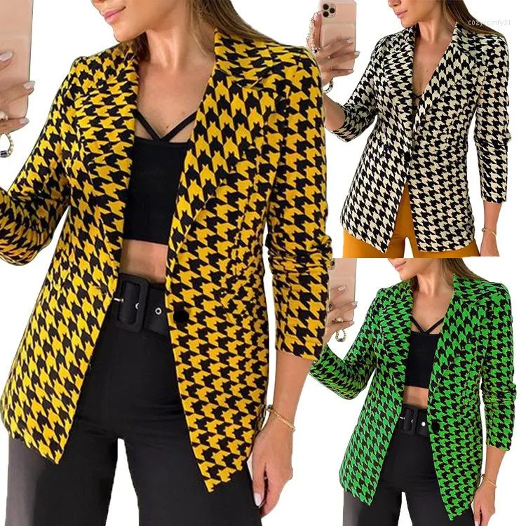 Women's Suits Women Plaid Slim Blazer Suit 2022 Autumn Female Notched Collar Long Sleeve Single Button Leopard Jacket Plus Size